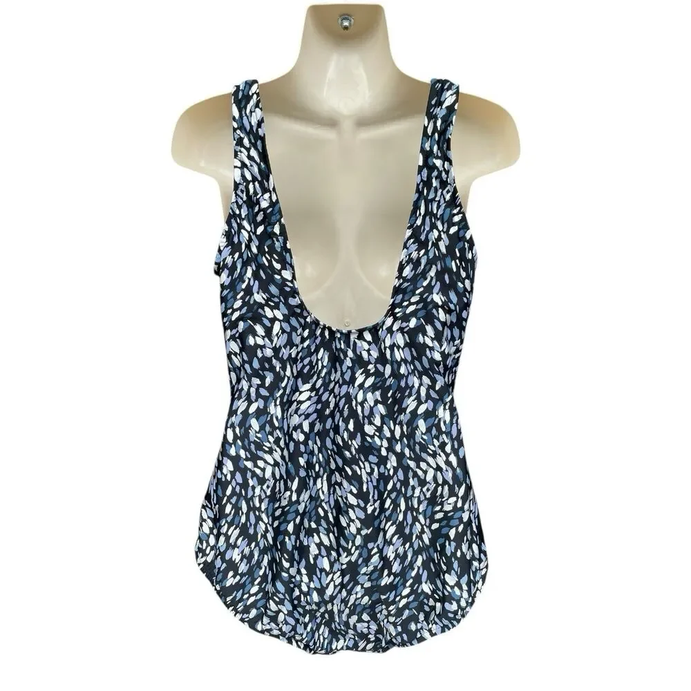 One Piece Swimsuit Sz 14 High Neck Tummy Control Shimmer Print Black Blue Resort